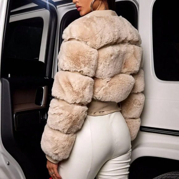 Khaki Preppy Women's Faux Fur Spliced Faux Leather Slim Jacket - Picture 2 of 6